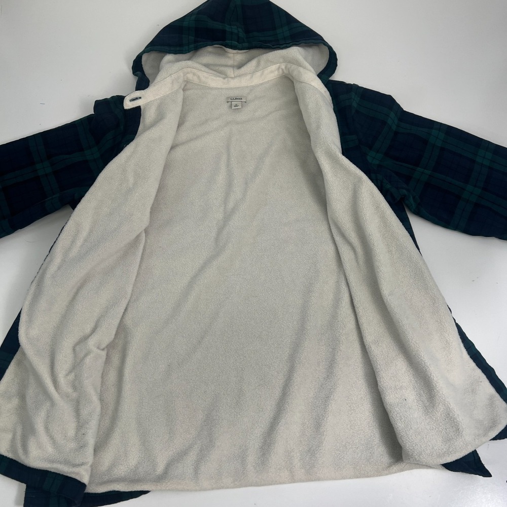 LL Bean Jacket Womens Large Relaxed Blue Green Plaid Flannel Hooded Sherpa Lined - Picture 4 of 16